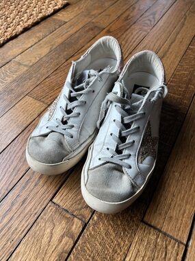 Golden Goose White and Gray Sneakers with Gold Glitter Star